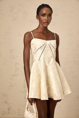 White mini dress with floral jacquard pattern