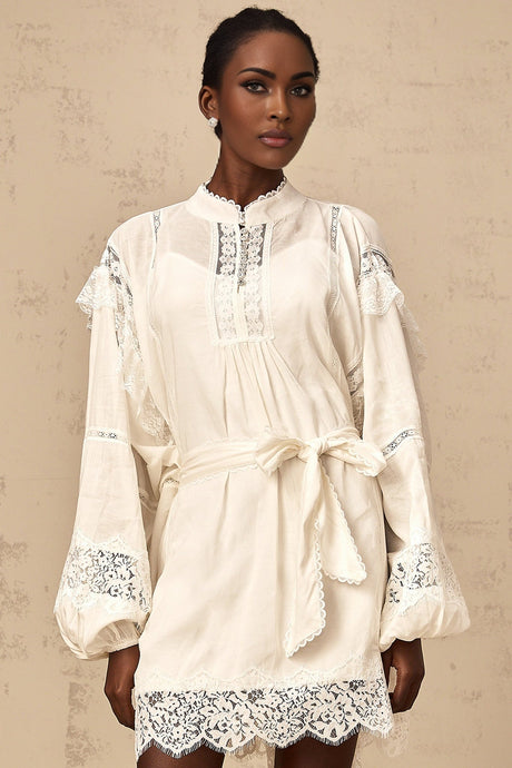 White mini dress with floral lace trim details