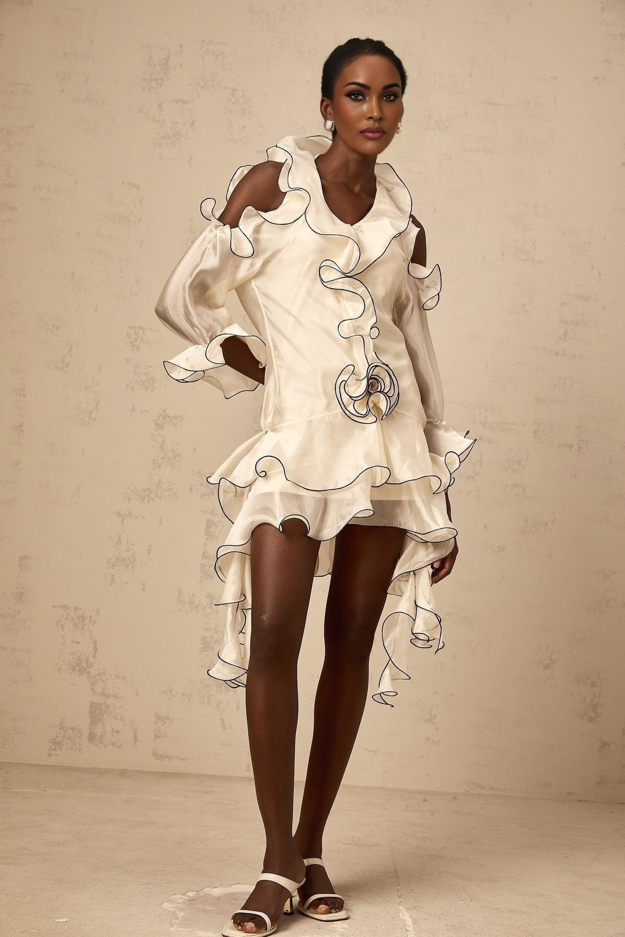 White mini dress with ribbon details and flounced design named Tiphaine