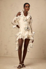 White mini dress with ribbon details and flounced design named Tiphaine