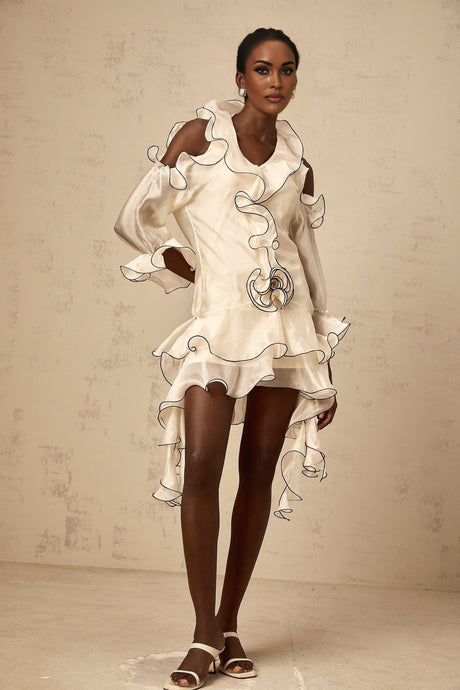 White mini dress with ribbon details and flounced design named Tiphaine