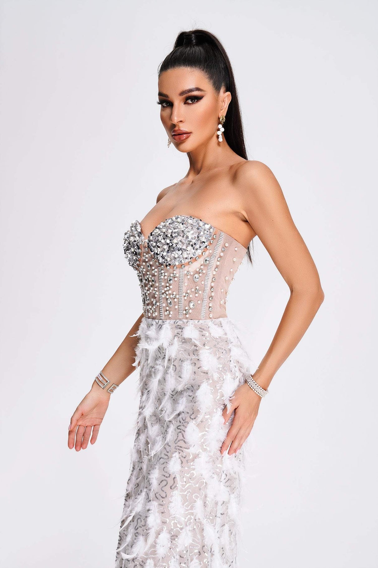 White Mylie Strapless Diamonate Feather Midi Dress