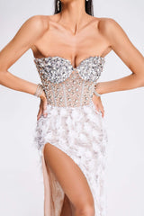 White Mylie Strapless Diamonate Feather Midi Dress