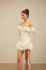 White off shoulder mini dress with embroidery details named Desiree
