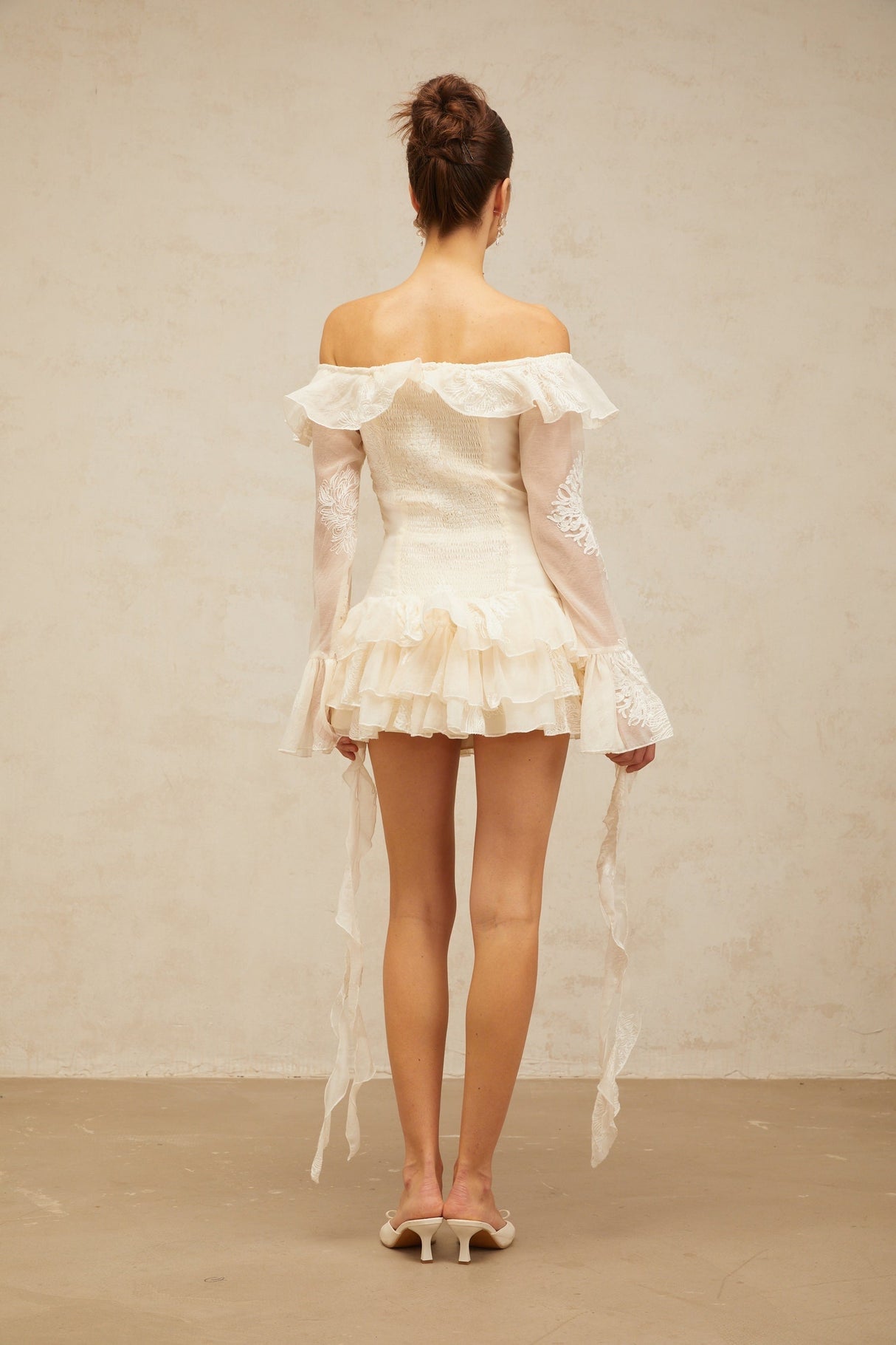White off shoulder mini dress with embroidery details named Desiree