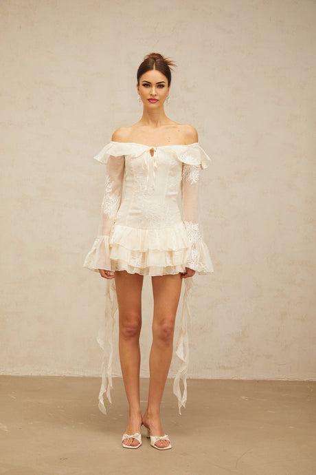 White off shoulder mini dress with embroidery details named Desiree