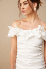 White off shoulder mini dress with ruffles named Aissatou