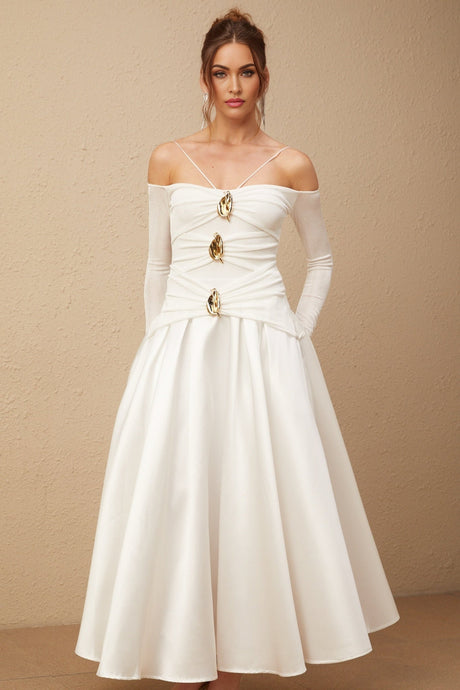 White offshoulder maxi dress with panelled design named Nadine