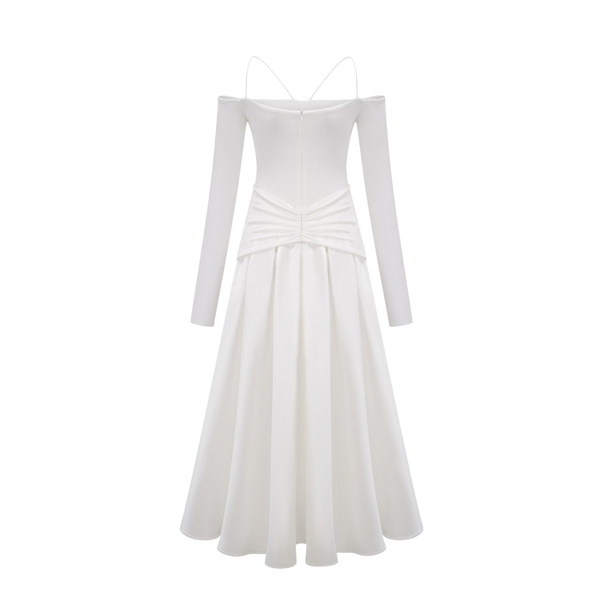 White offshoulder maxi dress with panels worn by model standing against plain background