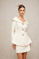 White peplum jacket and matching skirt set named Eugenie