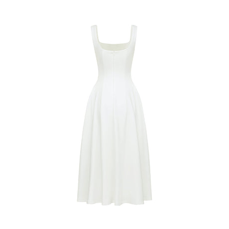 White pleated midi dress with flared skirt named Thala