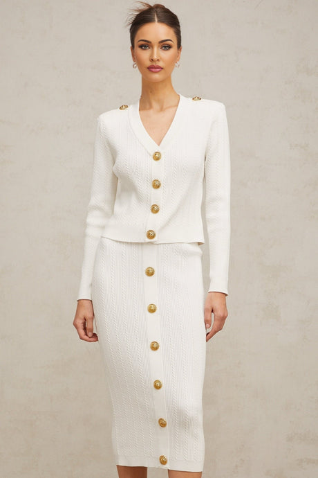 White ribbed knit jacket and skirt set Quirine matching outfit