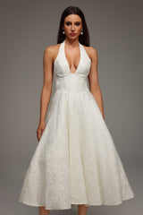 White Rinaka Sleeveless Halter Jacquard Weaving Midi Dress for Formal Occasions