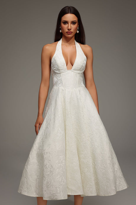 White Rinaka Sleeveless Halter Jacquard Weaving Midi Dress for Formal Occasions