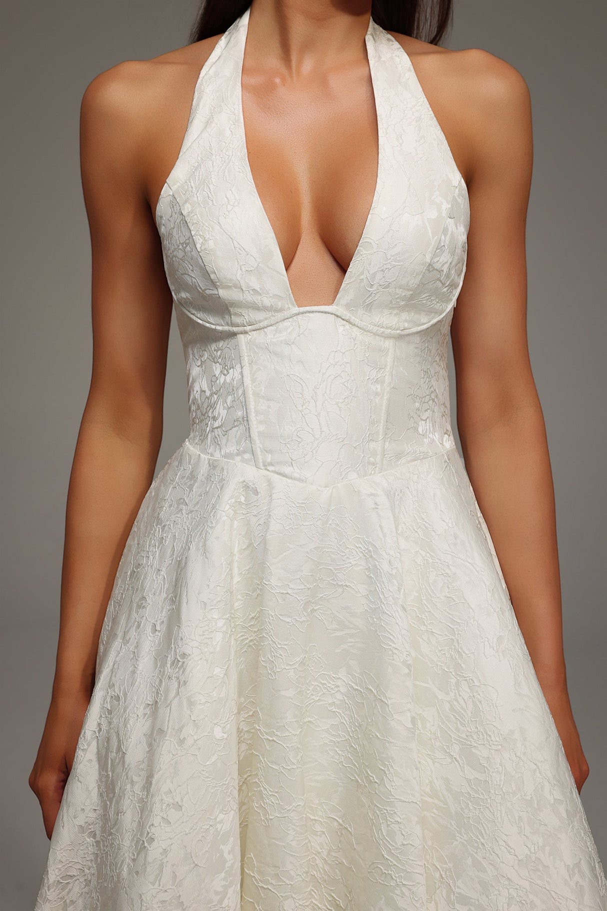 White Rinaka Sleeveless Halter Jacquard Weaving Midi Dress for formal occasions with deep V-neckline and jacquard detailing