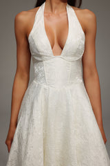 White Rinaka Sleeveless Halter Jacquard Weaving Midi Dress for formal occasions with deep V-neckline and jacquard detailing