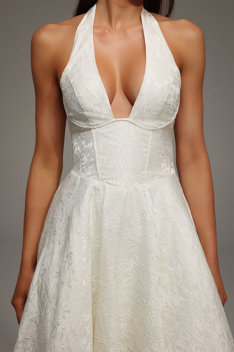 White Rinaka Sleeveless Halter Jacquard Weaving Midi Dress for formal occasions with deep V-neckline and jacquard detailing