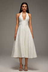 White Rinaka Sleeveless Halter Jacquard Weaving Midi Dress