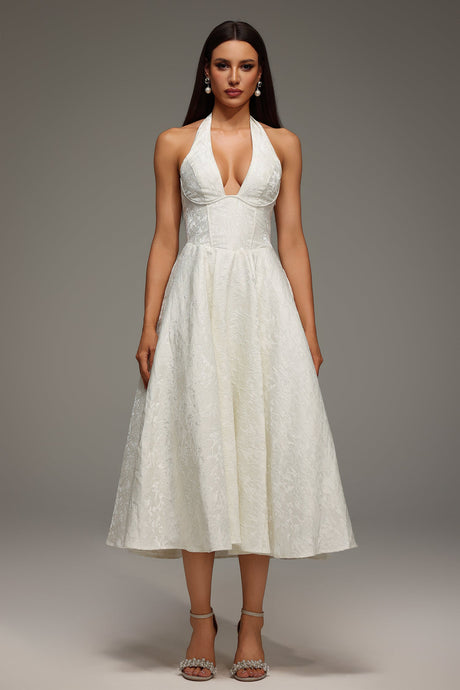 White Rinaka Sleeveless Halter Jacquard Weaving Midi Dress