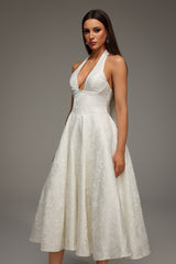 White Rinaka Sleeveless Halter Jacquard Weaving Midi Dress