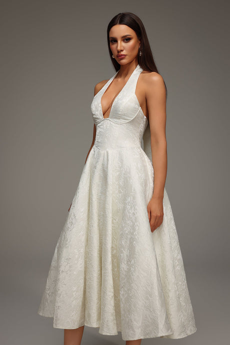 White Rinaka Sleeveless Halter Jacquard Weaving Midi Dress