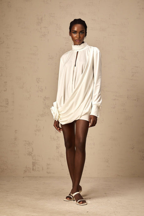 White ruched mini dress with faux flowers called Maeva