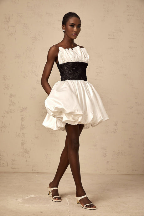 White satin mini dress with lace panels and puff sleeves called Eliane
