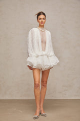 White semi sheer lace matching set including top shorts and dress