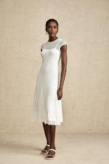 White semi sheer midi dress with scalloped hem called Liane