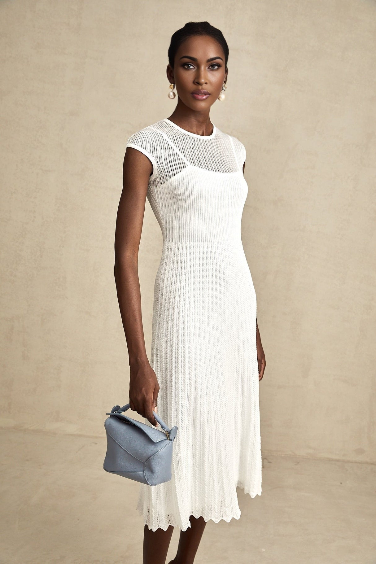 White semi sheer midi dress with scalloped hem named Liane