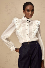 White semi sheer shirt with lace trim details named Capucine