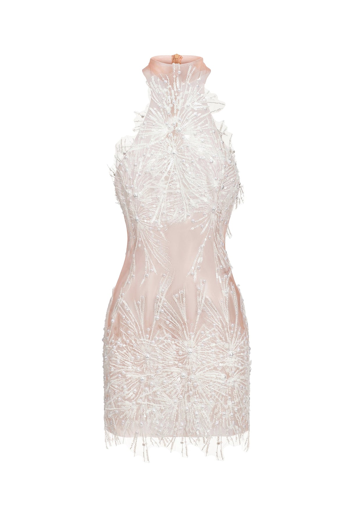 White sequin and pearl Adelina dress with high neckline and sleeveless design
