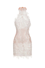 White sequin and pearl Adelina dress with high neckline and sleeveless design