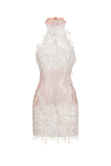 White sequin and pearl Adelina dress with high neckline and sleeveless design