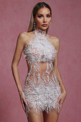 White sequin and pearl Adelina dress with high neckline and sleeveless design