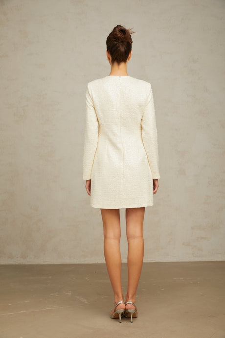 White short dress with sequin embellished tweed fabric in mini length and Angelique style