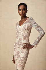 White sleeveless fitted midi dress with floral guipure lace overlay and scalloped hem