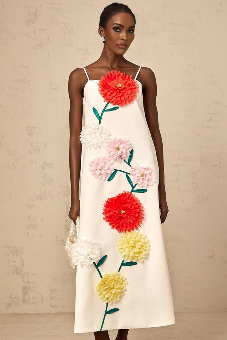 White sleeveless midi dress with three dimensional floral petal details