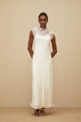White Sleeveless Tulle Maxi Dress with Flared Hem