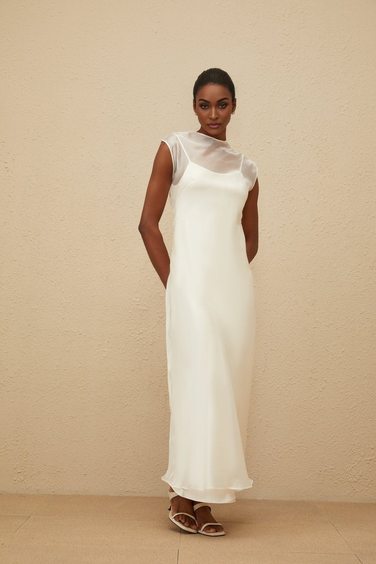 White Sleeveless Tulle Maxi Dress with Flared Hem