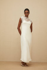 White Sleeveless Tulle Maxi Dress with Flared Hem