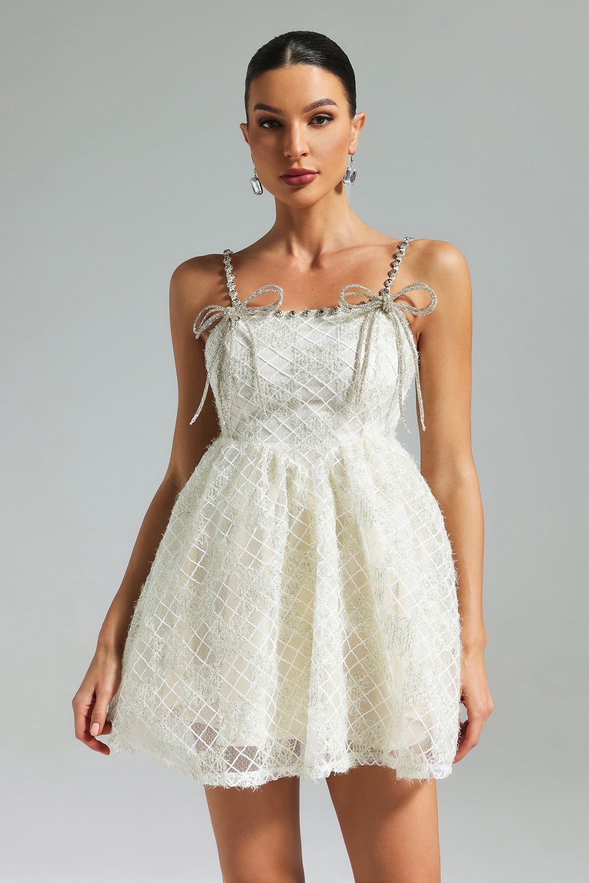 White Teela Diamante Bow Mesh Mini Dress