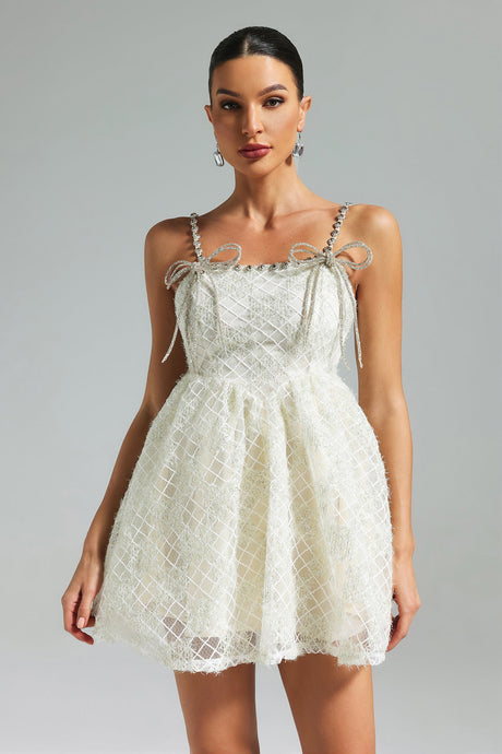 White Teela Diamante Bow Mesh Mini Dress