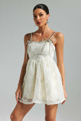 White Teela Diamante Bow Mesh Mini Dress with sparkling diamantes and fit and flare silhouette