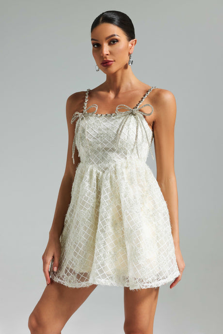 White Teela Diamante Bow Mesh Mini Dress with sparkling diamantes and fit and flare silhouette