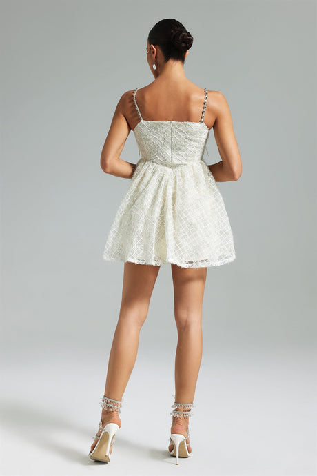 White Teela Diamante Bow Mesh Mini Dress with sparkling diamantes and fit and flare silhouette