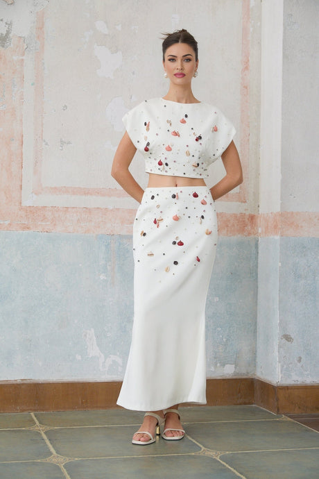 White top and skirt set with shell embellishments named Delphine matching outfit beach inspired summer wear