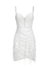 White Tryphosa Feather Diamond Mini Dress with intricate beadwork and shimmering sequins
