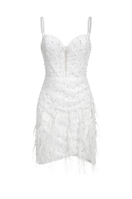 White Tryphosa Feather Diamond Mini Dress with intricate beadwork and shimmering sequins