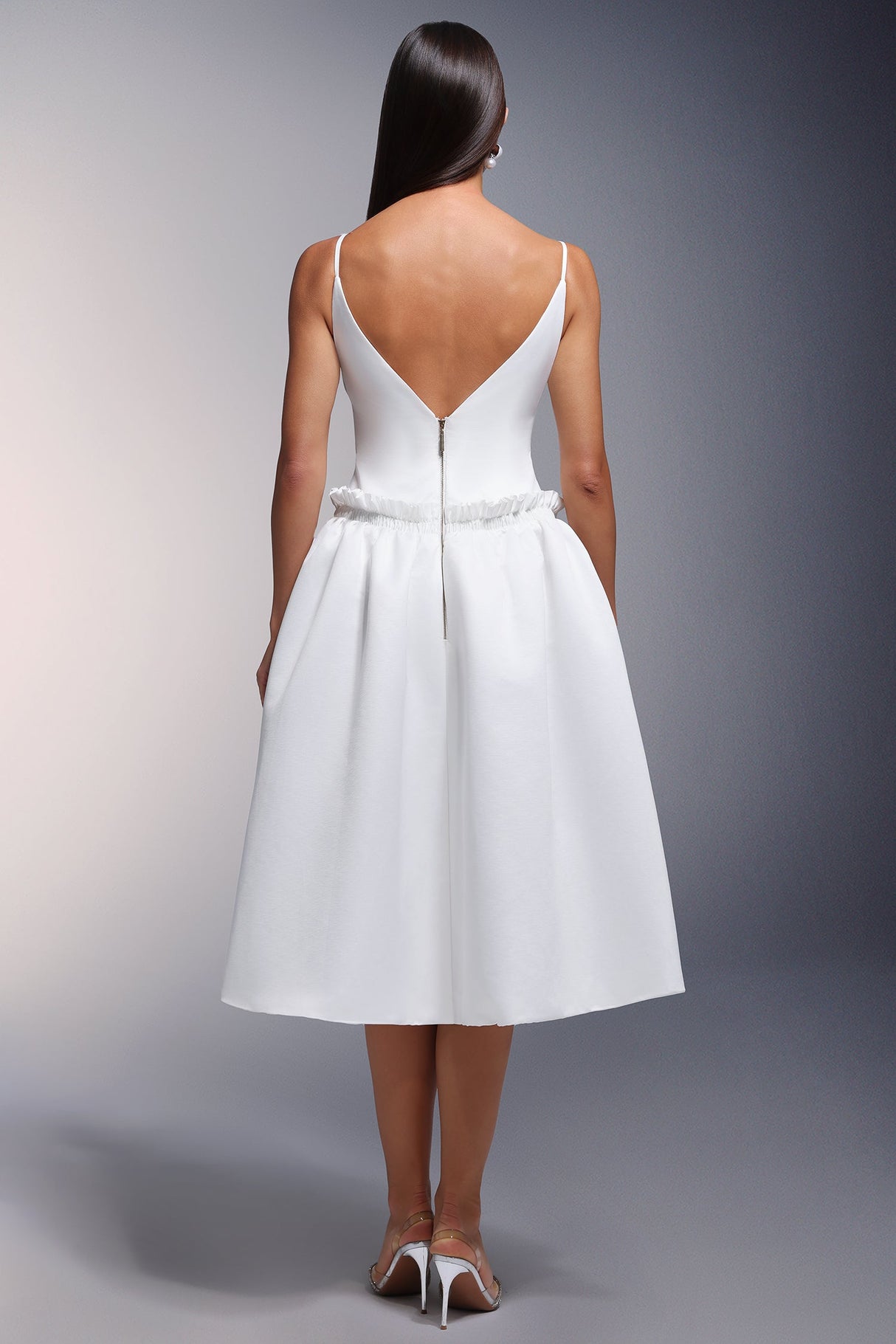 White Tutti Deep-V Fold Falbala Midi Dress
